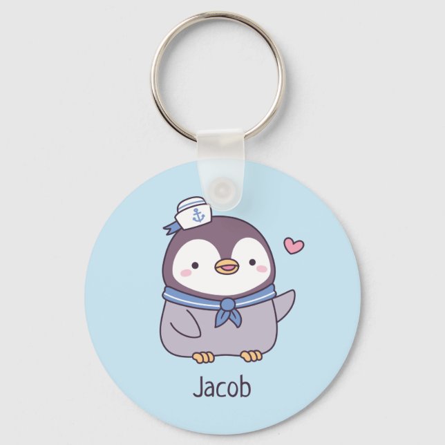 Cute Little Penguin Sailor Crew Personalised Key Ring (Front)