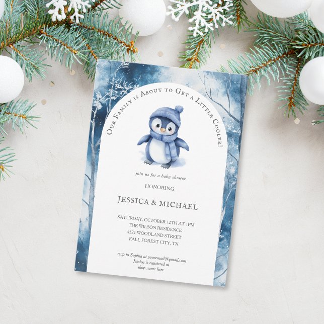 Cute Little Penguin Winter Woodland Baby Shower Invitation (cute blue penguin is on the way)