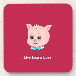 Cute little pig cartoon, calligraphy on burgundy coaster
