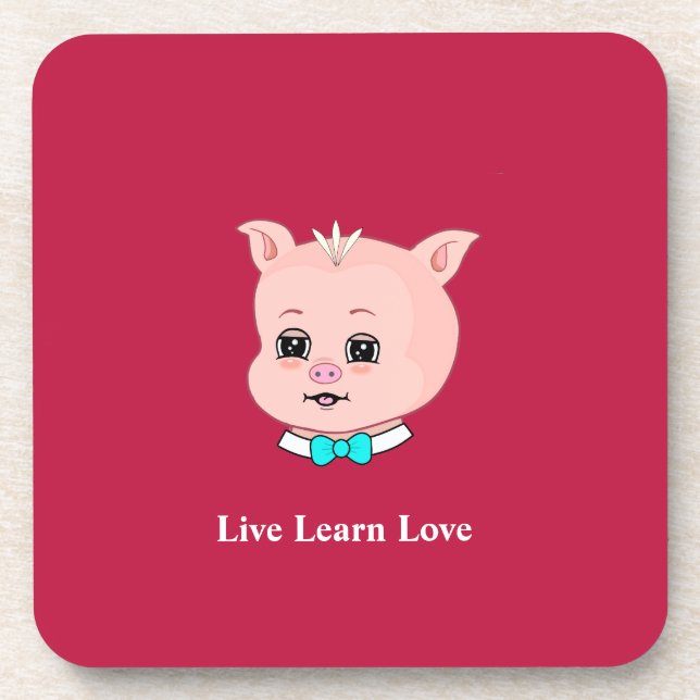 Cute little pig cartoon, calligraphy on burgundy coaster (Front)