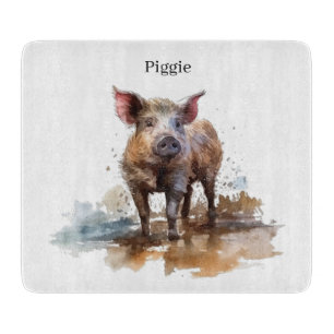 Cute little pig playing in the mud watercolor cutting board