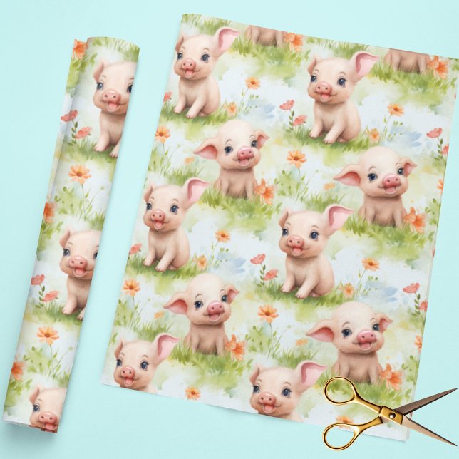 Cute Little Piggy Grass Flower Watercolor Pattern Wrapping Paper (Creator Uploaded)
