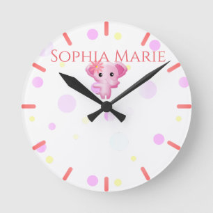 Cute Little Pink Baby Girl Elephant Round Clock