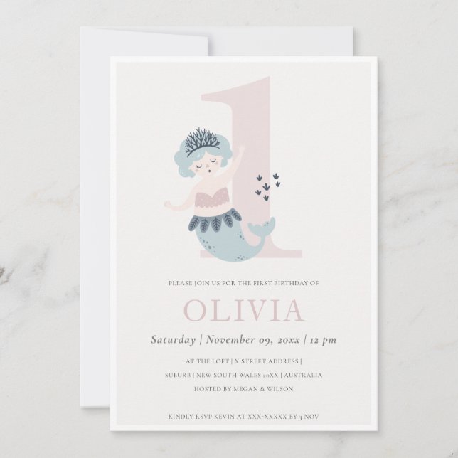 Cute Little Pink Blue Mermaid 1st Birthday Invite (Front)