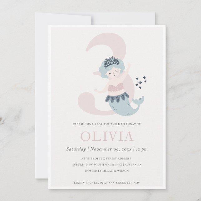 Cute Little Pink Blue Mermaid 3rd Birthday Invite (Front)