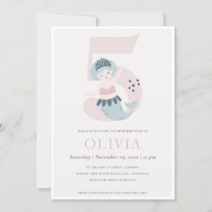 Cute Little Pink Blue Mermaid 5th Birthday Invite