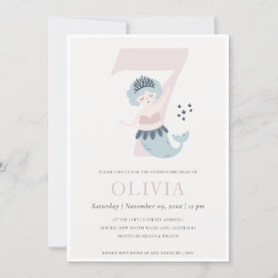 Cute Little Pink Blue Mermaid 7th Birthday Invite