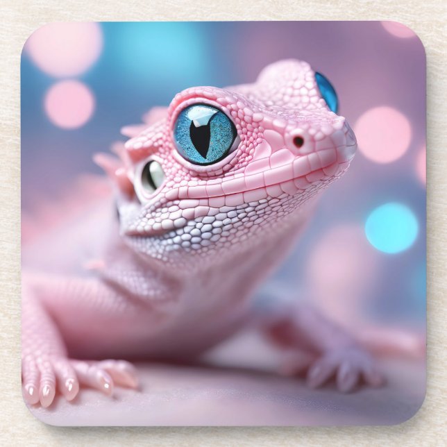 Cute Little Pink Lizard with Big Blue Eyes Coaster (Front)