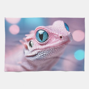 Cute Little Pink Lizard with Big Blue Eyes Tea Towel