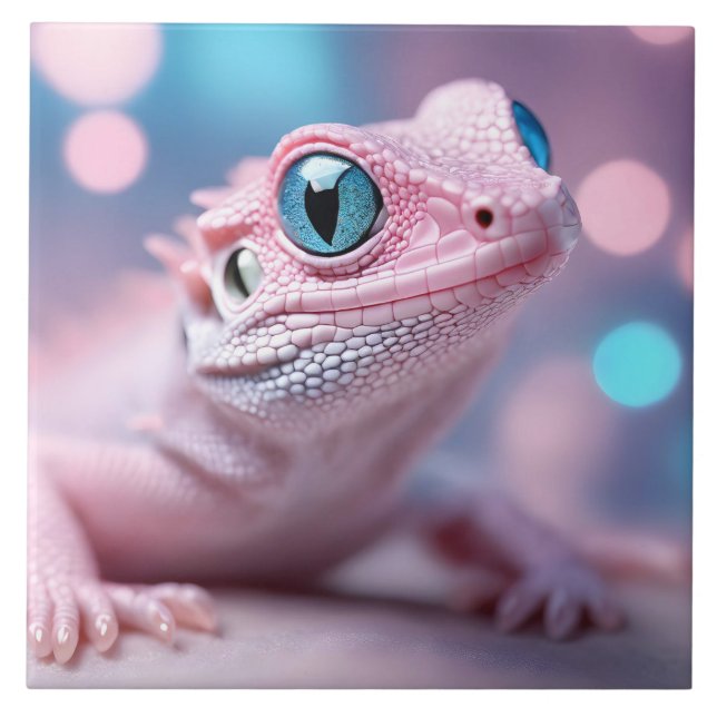 Cute Little Pink Lizard with Big Blue Eyes Tile (Front)