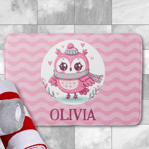Cute Little Pink Owl Wearing Scarf and Hood Bath Mat