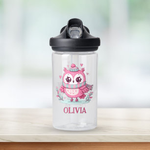 Cute Little Pink Owl Wearing Scarf and Hood Water Bottle