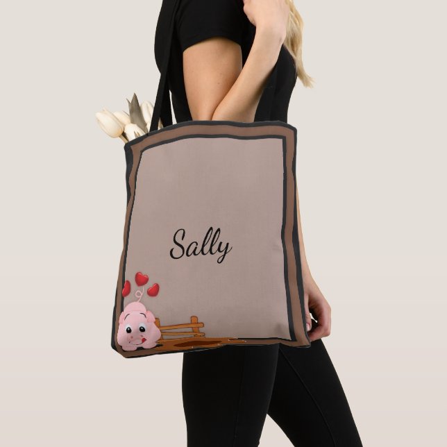 Cute Little Pink Piggy Personalised Tote Bag (Close Up)
