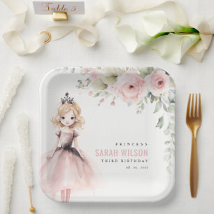 Cute Little Pink Princess Rose Floral Birthday Paper Plate