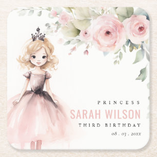 Cute Little Pink Princess Rose Floral Birthday Square Paper Coaster