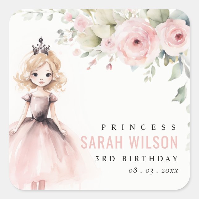 Cute Little Pink Princess Rose Floral Birthday Square Sticker (Front)