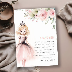 Cute Little Pink Princess Rose Floral Birthday Thank You Card