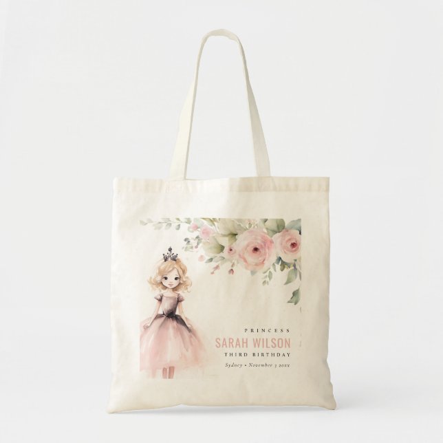 Cute Little Pink Princess Rose Floral Birthday Tote Bag (Front)
