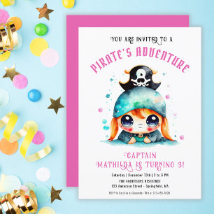 Cute Little Pirate Girl Pink Birthday Party Invitation