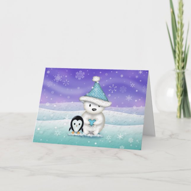 Cute Little Polar Bear and Penguin Christmas Card (Front)
