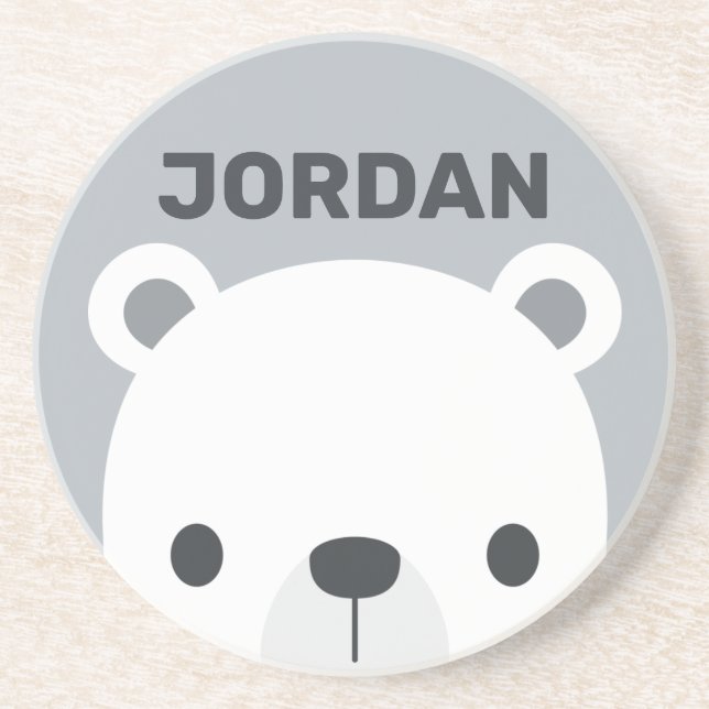Cute Little Polar Bear with Personalised Name Coaster (Front)