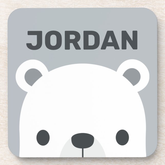Cute Little Polar Bear with Personalised Name Coaster (Front)