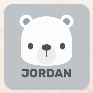 Cute Little Polar Bear with Personalised Name Square Paper Coaster