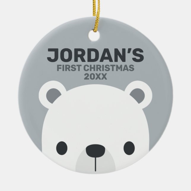 Cute Little Polar Bear with Personalized Name Ceramic Tree Decoration (Front)