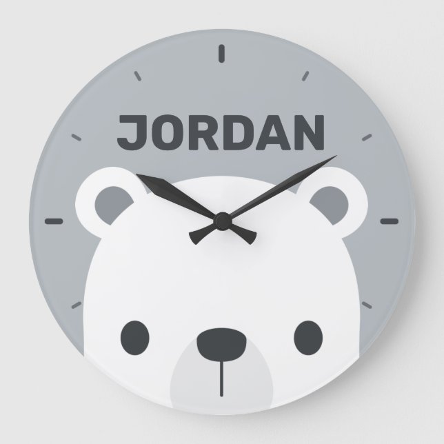 Cute Little Polar Bear with Personalized Name Large Clock (Front)