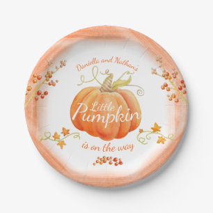 Cute little pumpkin baby shower watercolor paper plate