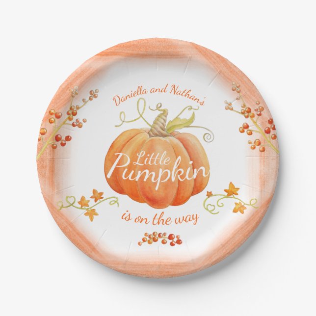 Cute little pumpkin baby shower watercolor paper plate (Front)