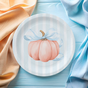 Cute Little Pumpkin Blue Bow Baby Shower Paper Plate
