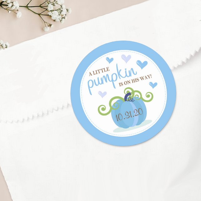 Cute Little Pumpkin Boys Baby Shower Classic Round Sticker (Creator Uploaded)