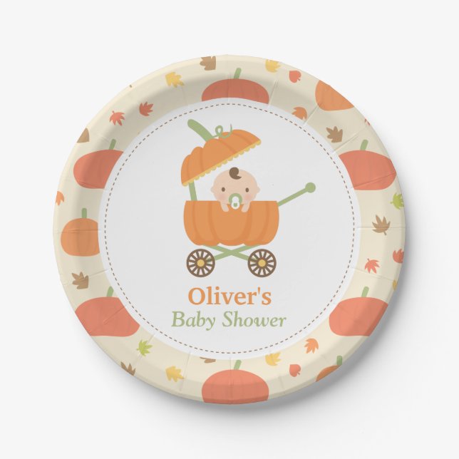 Cute Little Pumpkin Carriage Baby Shower Plates (Front)