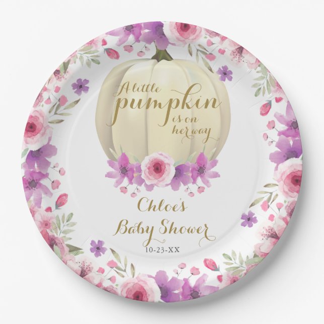 Cute Little Pumpkin Floral Baby Shower Paper Plate (Front)