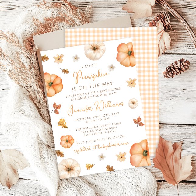 Cute Little Pumpkin Gingham Fall Baby Shower Invitation (Creator Uploaded)
