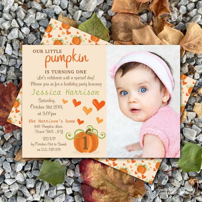 Cute Little Pumpkin Photo 1st Birthday Invitations (Creator Uploaded)