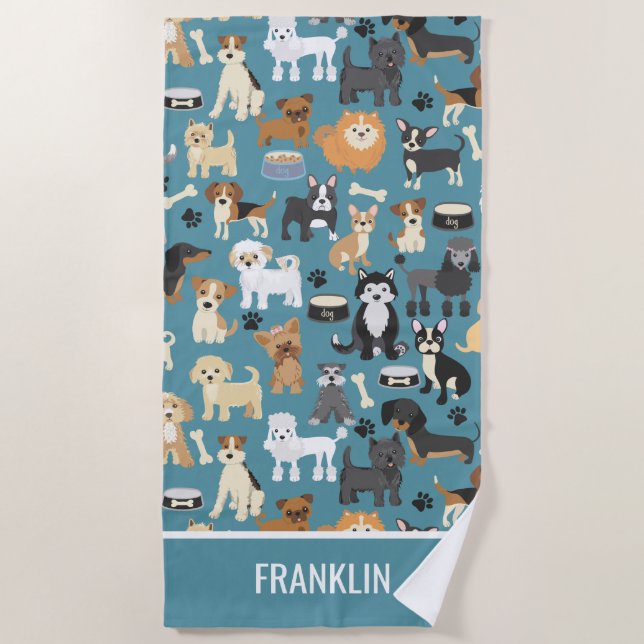 Cute Little Puppy Dog Pet Pattern Personalised Beach Towel (Front)