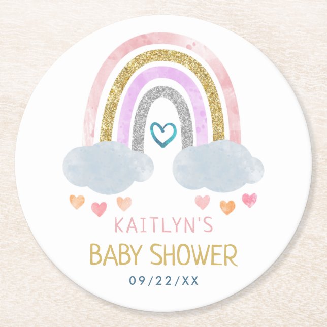 Cute Little Rainbow Baby Shower Round Paper Coaster (Front)