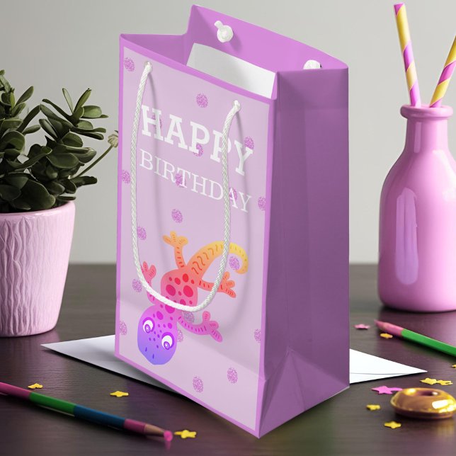 Cute Little Rainbow Gecko Lizard on Pink Small Gift Bag (Creator Uploaded)