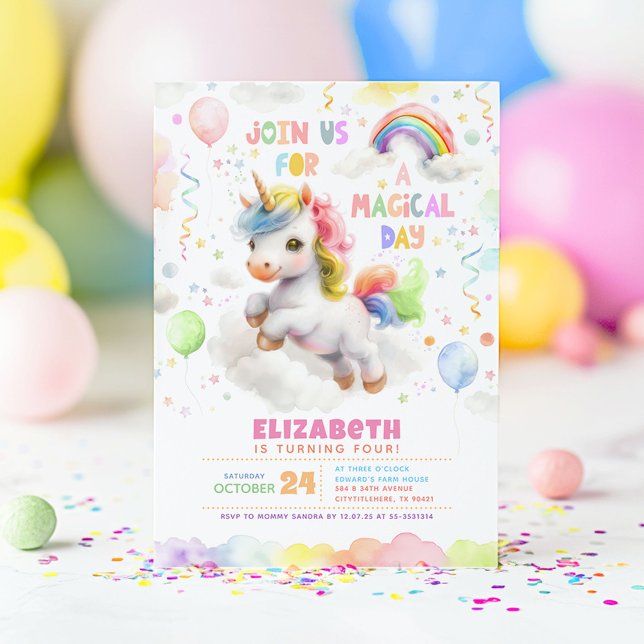 Cute Little Rainbow Unicorn Girl's Birthday Party Invitation (Colorful Unicorn Birthday Invitations)