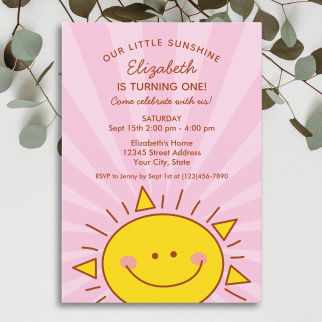 Cute Little Ray of Sunshine Pink Baby 1st Birthday Invitation (Creator Uploaded)