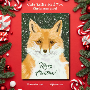 Cute Little Red Fox - in snow Merry Christmas. Holiday Card