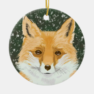 Cute Little Red Fox - in the snow. Ceramic Tree Decoration