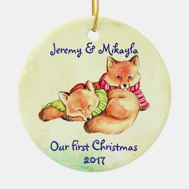 Cute Little Red Foxes "Our First Christmas" Ceramic Tree Decoration (Front)
