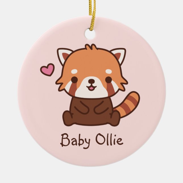 Cute Little Red Panda Doodle Kids Personalised Ceramic Tree Decoration (Front)