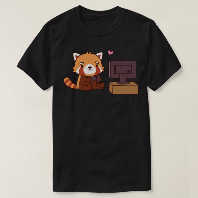 Cute Little Red Panda Loves Gaming T-Shirt (Design Front)