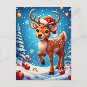 Cute Little Reindeer Christmas Santa Hat Winter Postcard