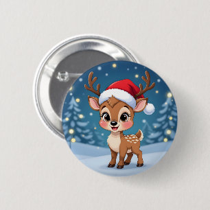 Cute little reindeer with Christmas hat 6 Cm Round Badge