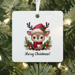 Cute little reindeer with Christmas Hat Metal Tree Decoration